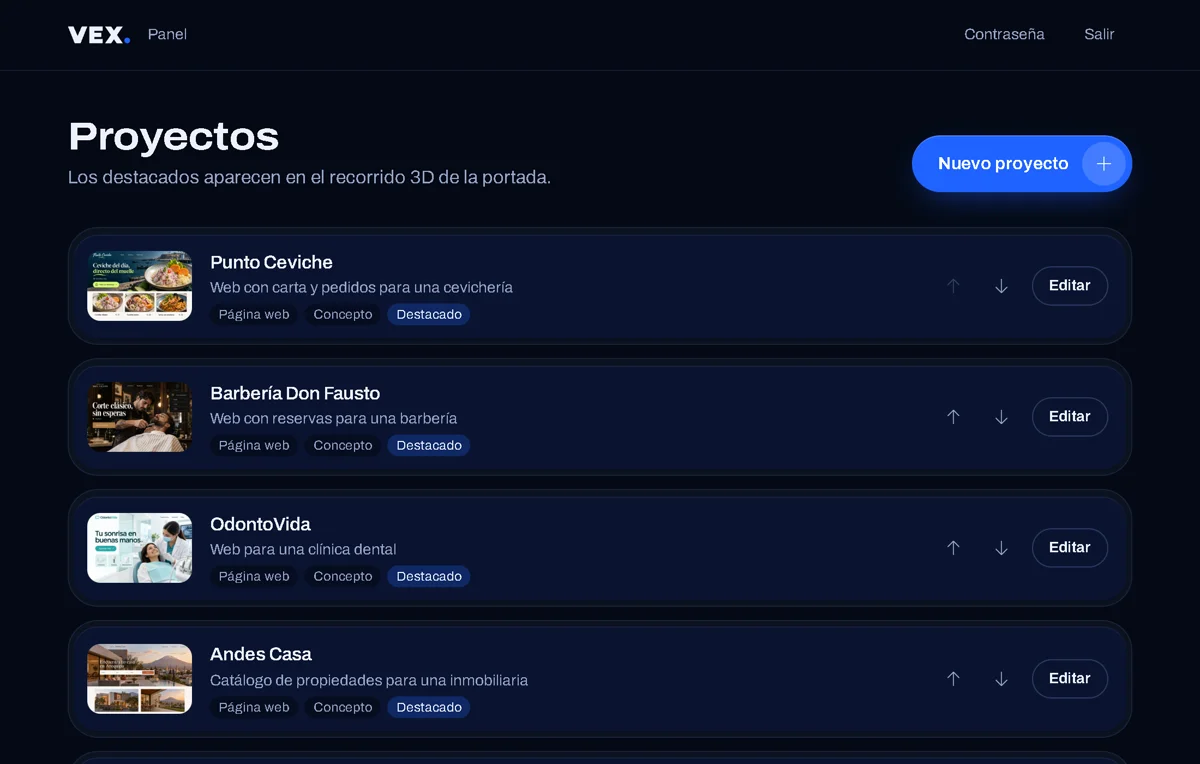 Panel de administración de VEX: lista de proyectos con botones para editar, ocultar y ordenar
