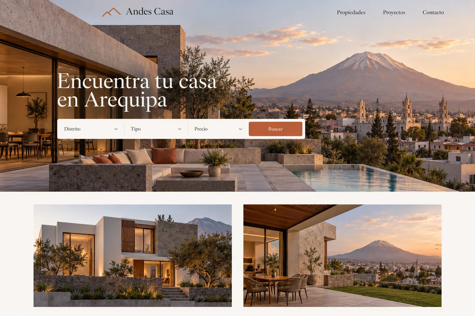 Concepto de web para la inmobiliaria Andes Casa con un buscador de propiedades en Arequipa