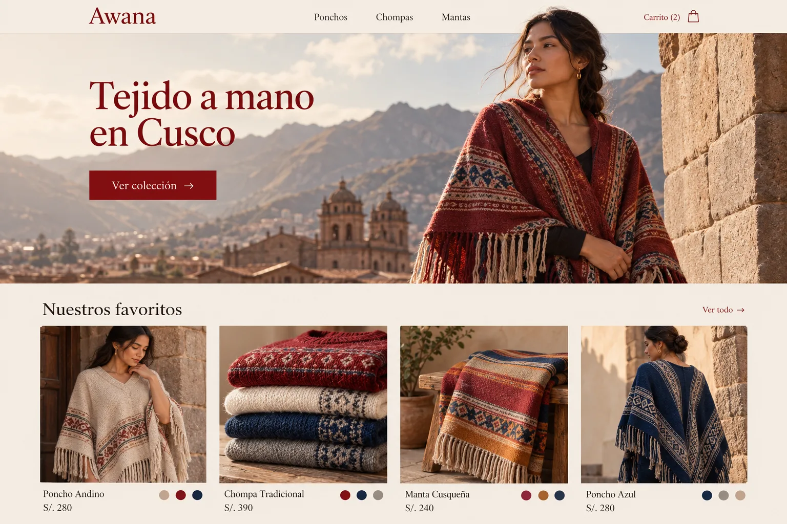 Concepto de tienda online Awana con ponchos y chompas de alpaca