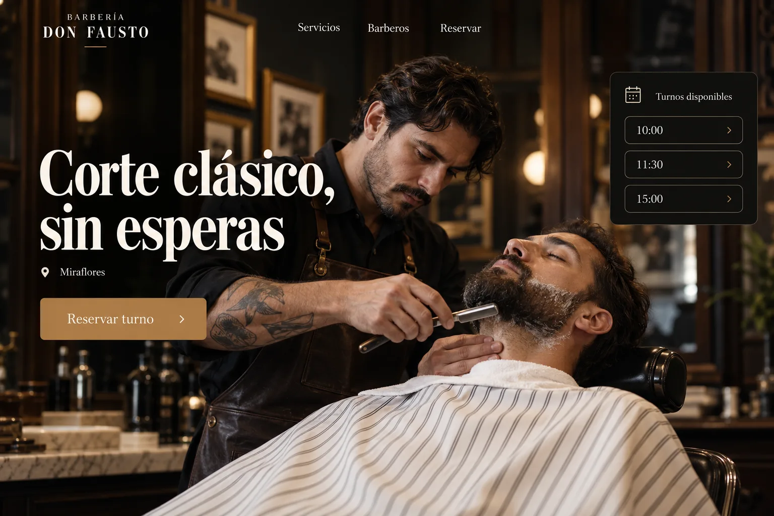 Concepto de web para Barbería Don Fausto con turnos disponibles y botón Reservar turno