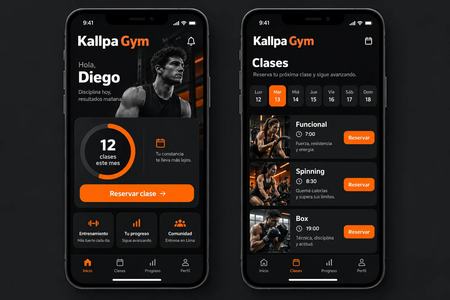 Concepto de app Kallpa Gym con el horario de clases y el botón Reservar