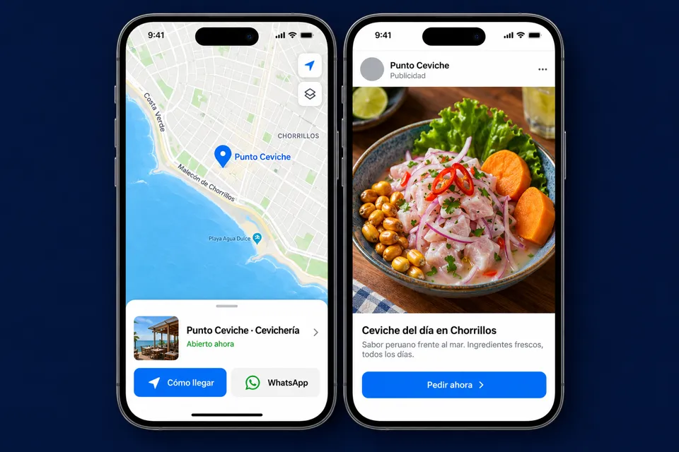 Concepto de perfil en un mapa y anuncio en redes para una cevichería