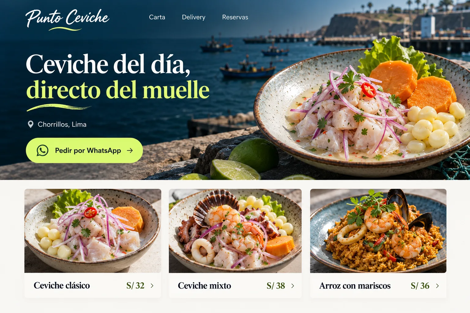 Concepto de web para la cevichería Punto Ceviche con la carta y el botón Pedir por WhatsApp
